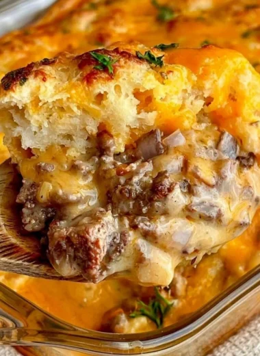 Cheddar Bay Ground Beef Cobbler casserole with creamy cheese and savory beef