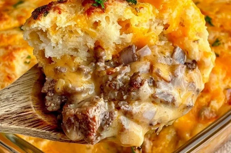 Cheddar Bay Ground Beef Cobbler casserole with creamy cheese and savory beef