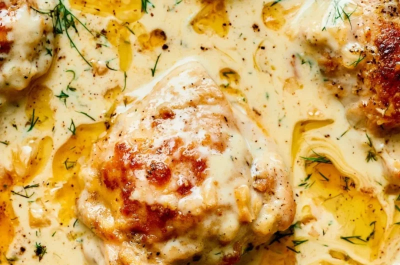 Creamy oven baked chicken thighs on a plate garnished with herbs