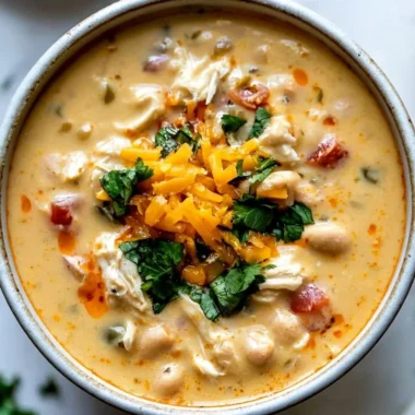 Bowl of creamy southwestern white chicken chili garnished with cilantro