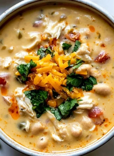 Bowl of creamy southwestern white chicken chili garnished with cilantro