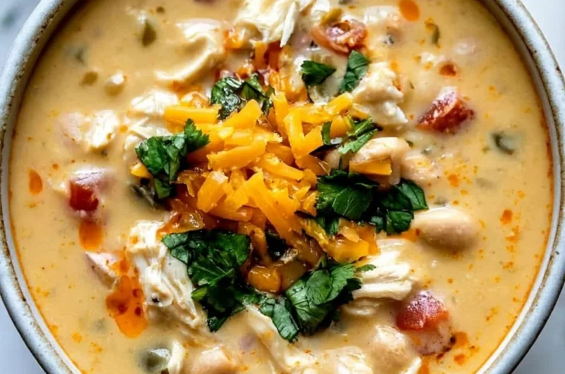 Bowl of creamy southwestern white chicken chili garnished with cilantro