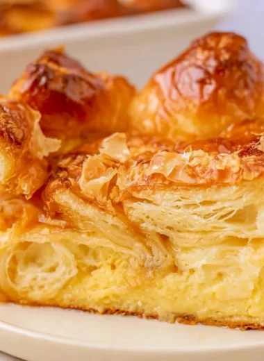 Delicious Croissant French Toast Bake served on a plate for breakfast