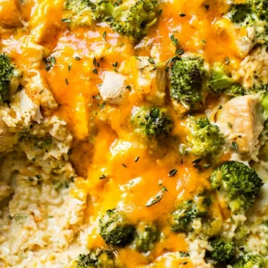 Delicious chicken broccoli rice casserole in a baking dish, ready to serve.
