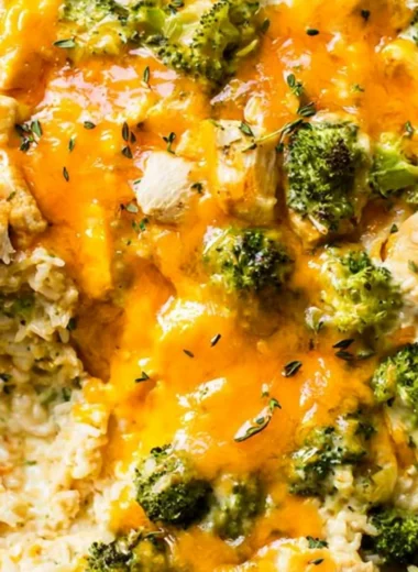 Delicious chicken broccoli rice casserole in a baking dish, ready to serve.