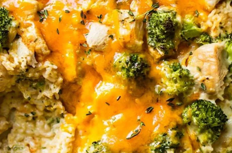 Delicious chicken broccoli rice casserole in a baking dish, ready to serve.