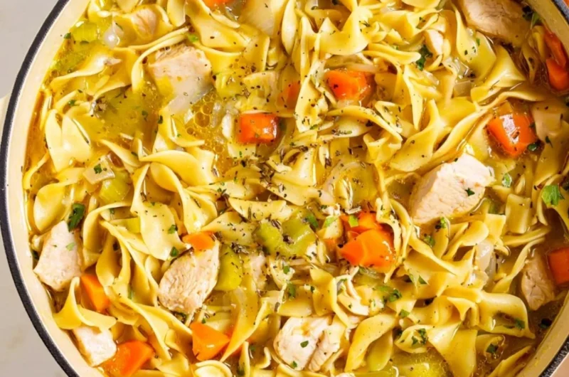 Bowl of homemade Dutch Oven Chicken Noodle Soup with fresh ingredients.