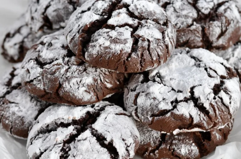 Easy chocolate crinkle cookies dusted with powdered sugar on a baking tray.
