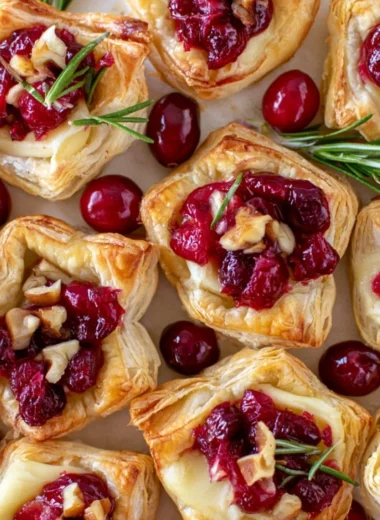 Easy cranberry brie bites with puff pastry on a baking sheet.