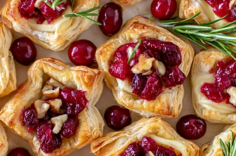 Easy cranberry brie bites with puff pastry on a baking sheet.