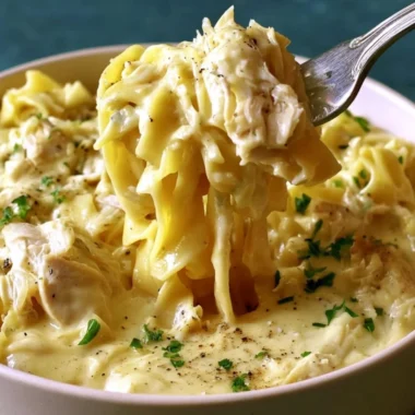 Bowl of easy creamy chicken and noodles ready to serve.