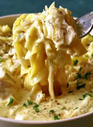 Bowl of easy creamy chicken and noodles ready to serve.
