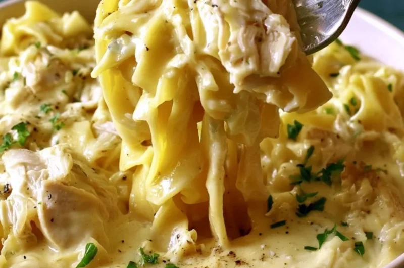 Bowl of easy creamy chicken and noodles ready to serve.