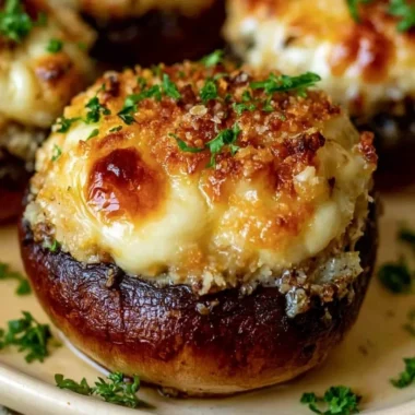 Platter of easy stuffed mushrooms topped with herbs and cheese