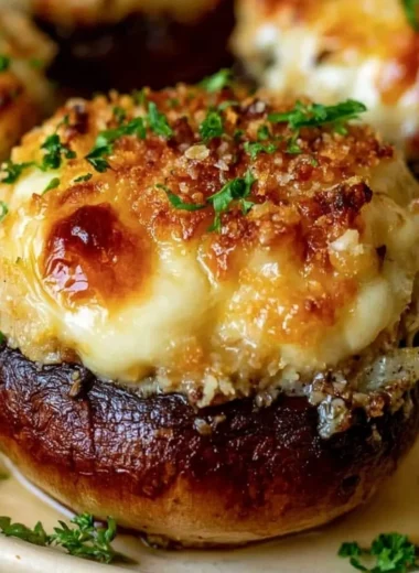Platter of easy stuffed mushrooms topped with herbs and cheese