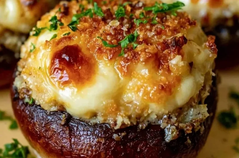 Platter of easy stuffed mushrooms topped with herbs and cheese