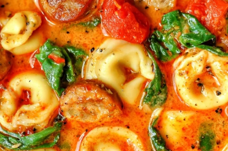 Bowl of Healthy Tortellini Soup with colorful vegetables and fresh herbs
