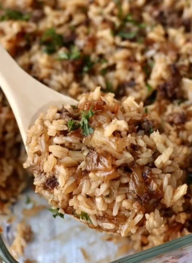 Delicious French Onion Ground Beef and Rice Casserole topped with cheese