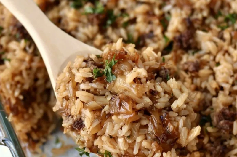 Delicious French Onion Ground Beef and Rice Casserole topped with cheese