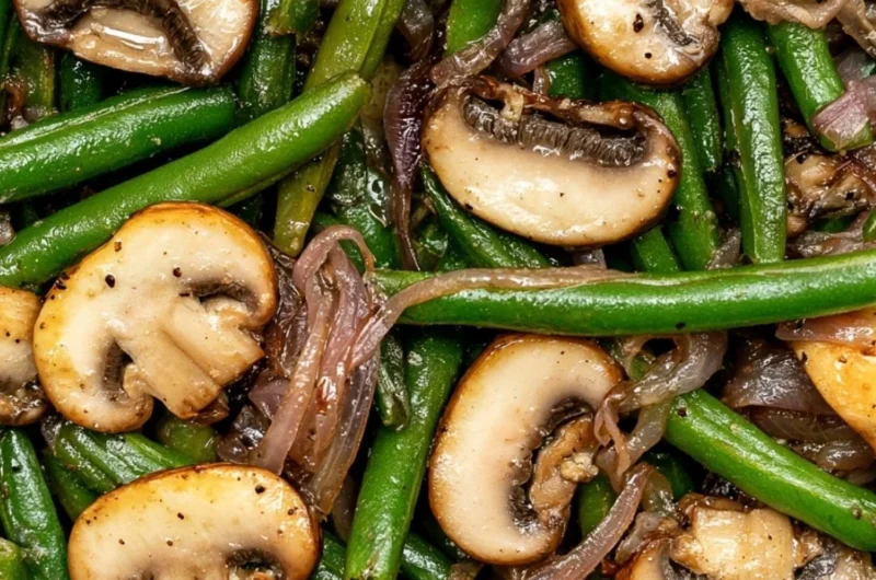 Sautéed green beans with mushrooms in a savory dish