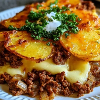 Healthy loaded beef and potato bake served in a casserole dish.