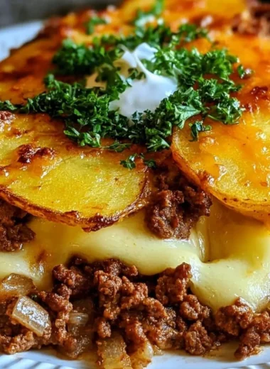 Healthy loaded beef and potato bake served in a casserole dish.