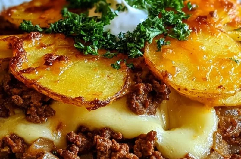 Healthy loaded beef and potato bake served in a casserole dish.