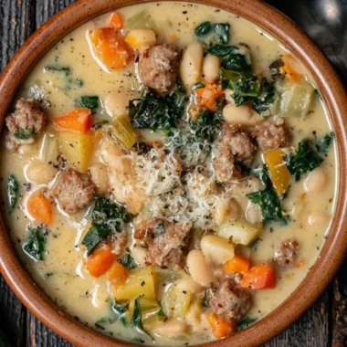 Bowl of high protein white bean soup with herbs and spices