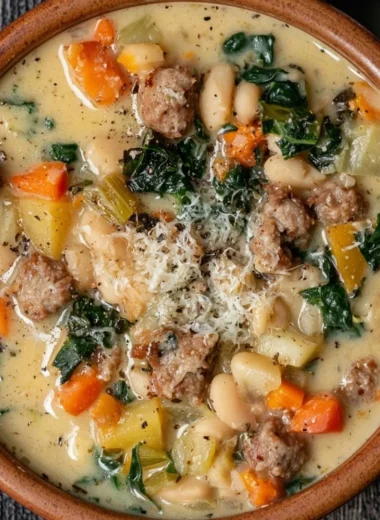 Bowl of high protein white bean soup with herbs and spices