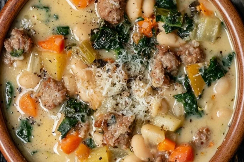 Bowl of high protein white bean soup with herbs and spices