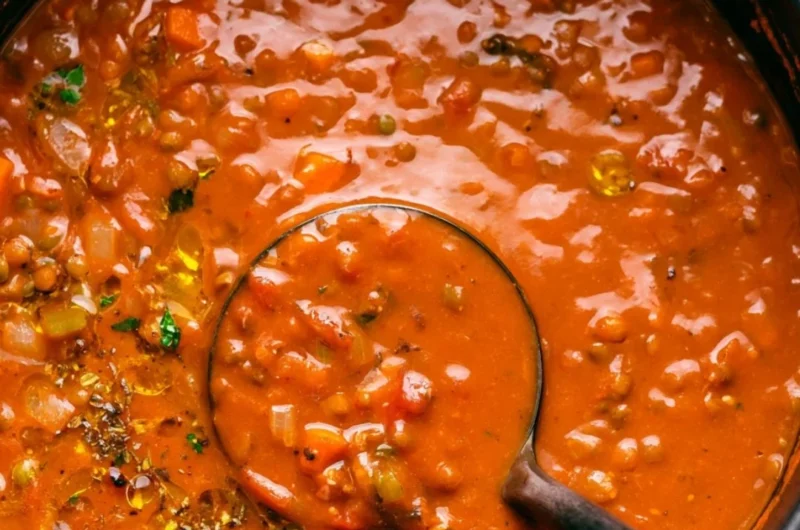 Bowl of Mediterranean lentil soup with vegetables and spices