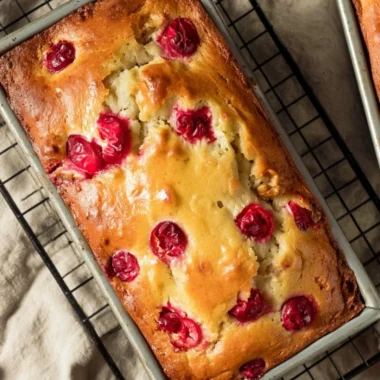 Mom's Cranberry Walnut Bread fresh from the oven, showcasing cranberries and walnuts.