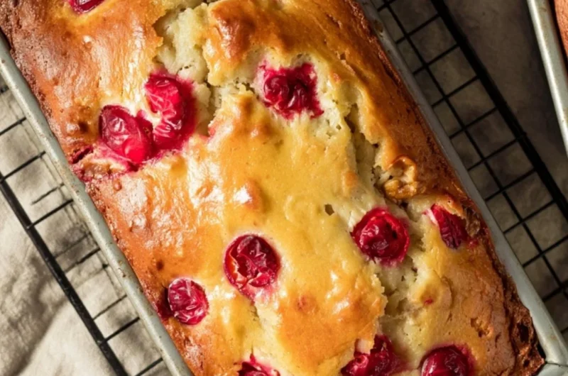 Mom's Cranberry Walnut Bread fresh from the oven, showcasing cranberries and walnuts.