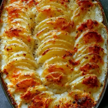 Deliciously baked Potatoes Au Gratin with creamy cheese and golden crust.