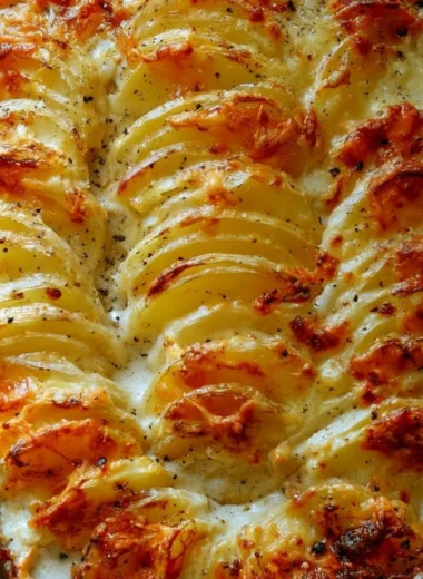 Deliciously baked Potatoes Au Gratin with creamy cheese and golden crust.