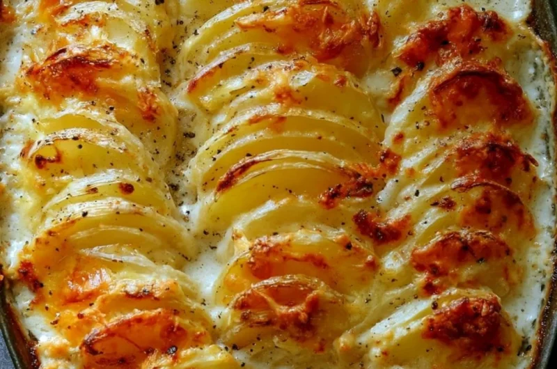 Deliciously baked Potatoes Au Gratin with creamy cheese and golden crust.