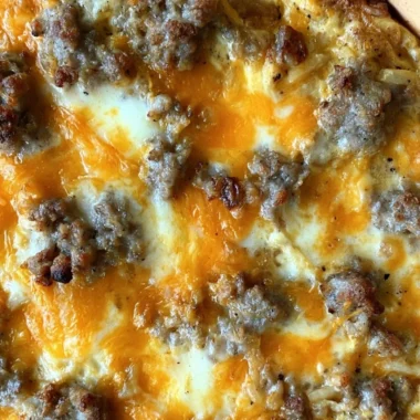 Delicious sausage hashbrown breakfast casserole, perfect for a hearty morning meal.