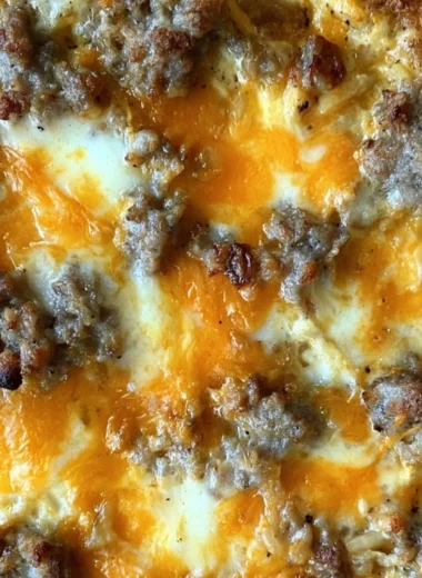 Delicious sausage hashbrown breakfast casserole, perfect for a hearty morning meal.