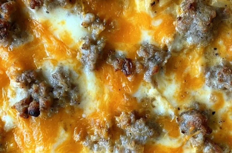 Delicious sausage hashbrown breakfast casserole, perfect for a hearty morning meal.