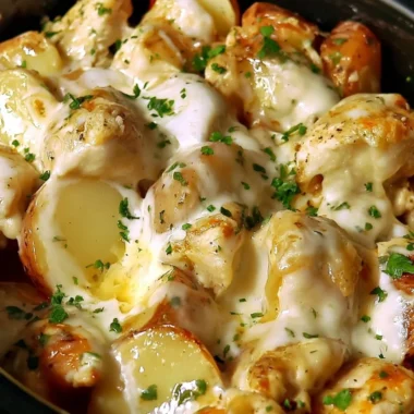 Slow Cooker Parmesan Garlic Chicken served with seasoned potatoes.