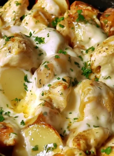 Slow Cooker Parmesan Garlic Chicken served with seasoned potatoes.
