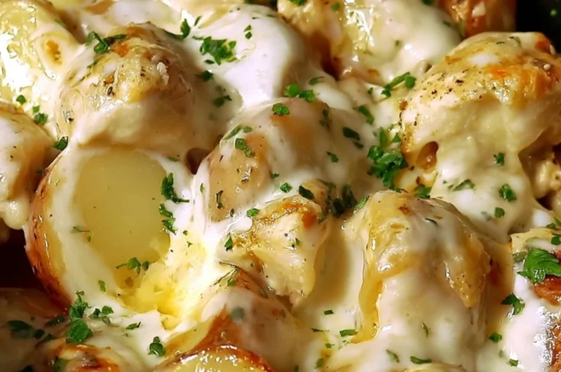 Slow Cooker Parmesan Garlic Chicken served with seasoned potatoes.