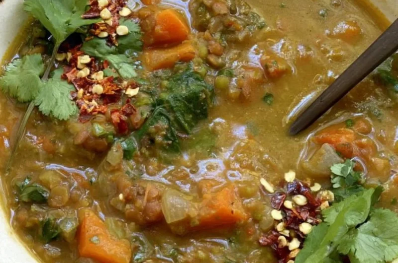 Delicious Sweet Potato Lentil Stew served in a bowl with fresh herbs