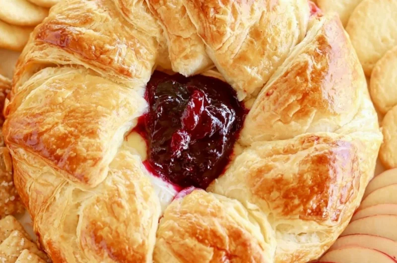Delicious baked brie in puff pastry served on a platter