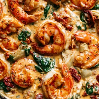 Plate of Tuscan Shrimp with spinach, artichokes, and sun-dried tomatoes
