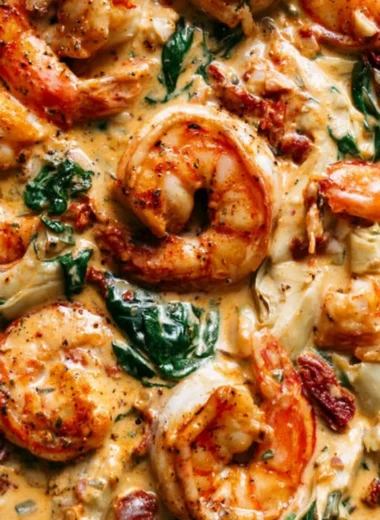Plate of Tuscan Shrimp with spinach, artichokes, and sun-dried tomatoes