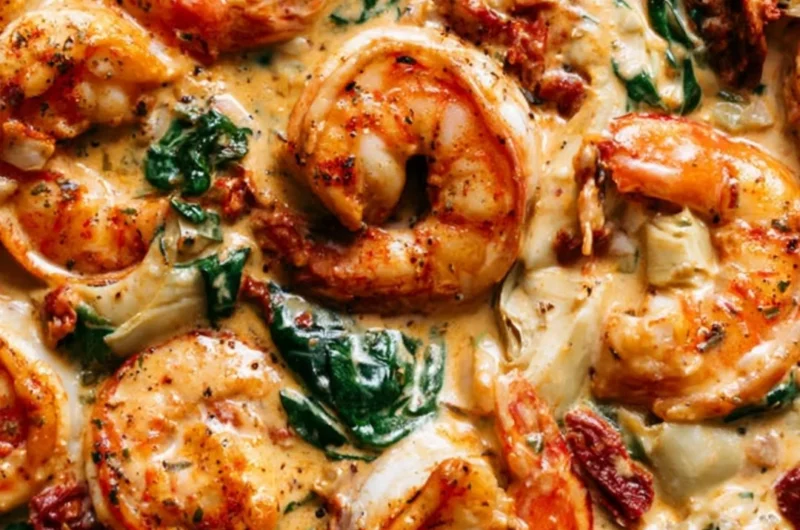 Plate of Tuscan Shrimp with spinach, artichokes, and sun-dried tomatoes