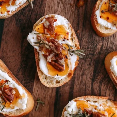 Whipped feta crostini topped with hot honey on a wooden platter