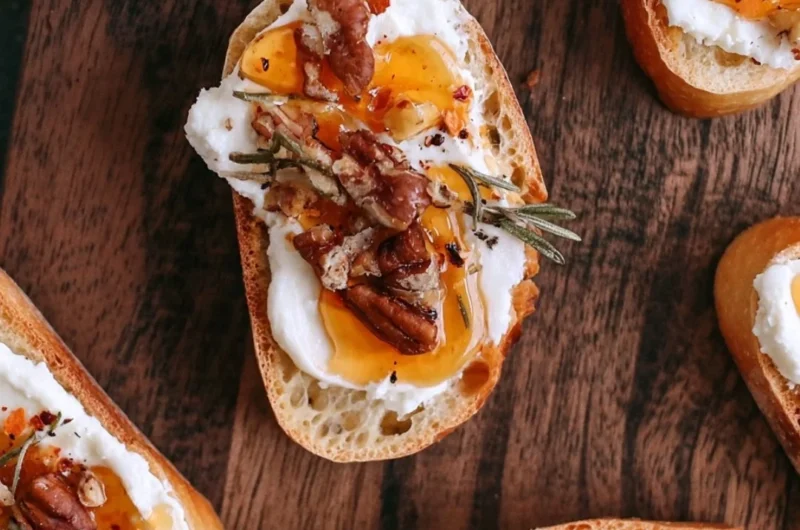 Whipped feta crostini topped with hot honey on a wooden platter